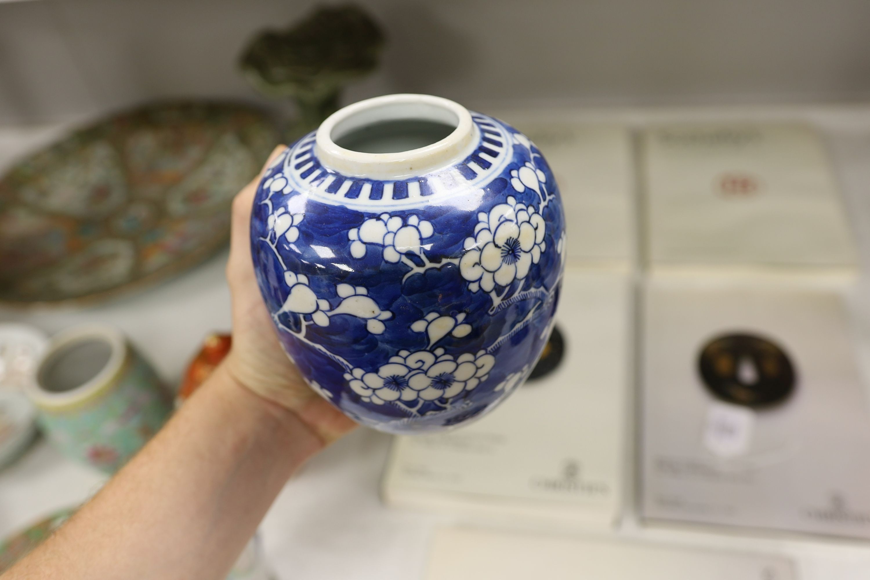 A Chinese famille charger, three vases and a plate, together with other Chinese and Japanese ceramics (13 items), Charger 48 cms diameter
